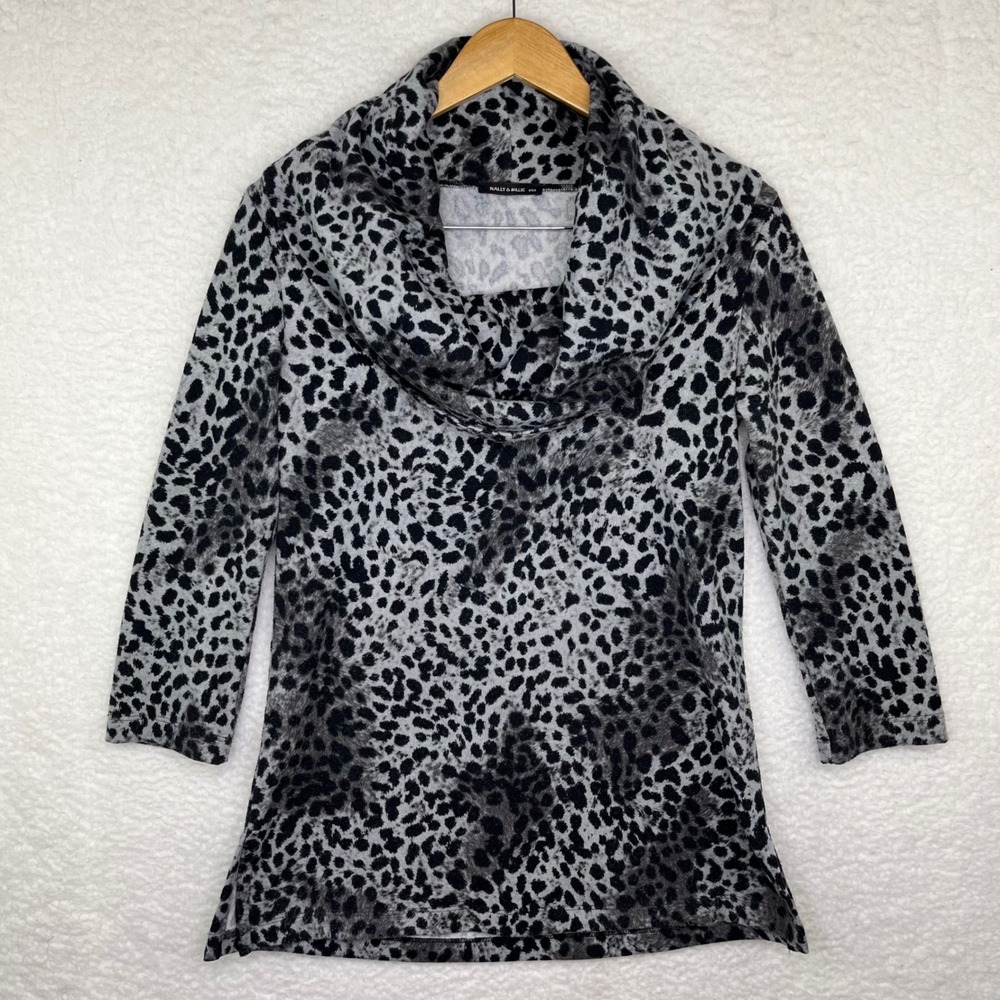 Nally & Millie Grey Black Leopard‎ Print Cowl Neck Top 3/4 Sleeve USA M Women